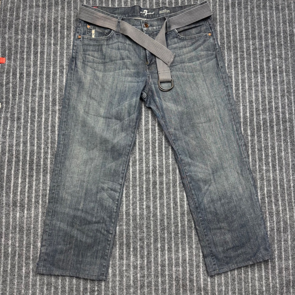 7 For All Mankind Mens Austyn Relaxed Straight Jeans 38 Blue Distressed Belt